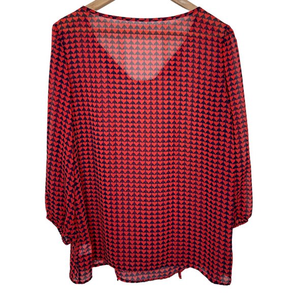 PLEIONE | Sheer Red and Blue Heart Print Blouse with 3/4 Sleeves | Size L - Picture 4 of 7